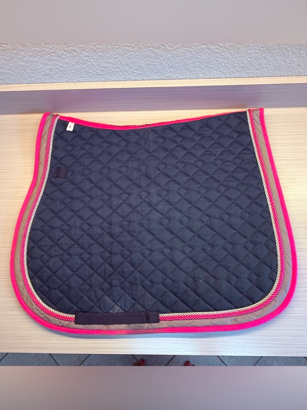 Navy Quilted Square Dressage Saddle Pad with Hot Pink Trim